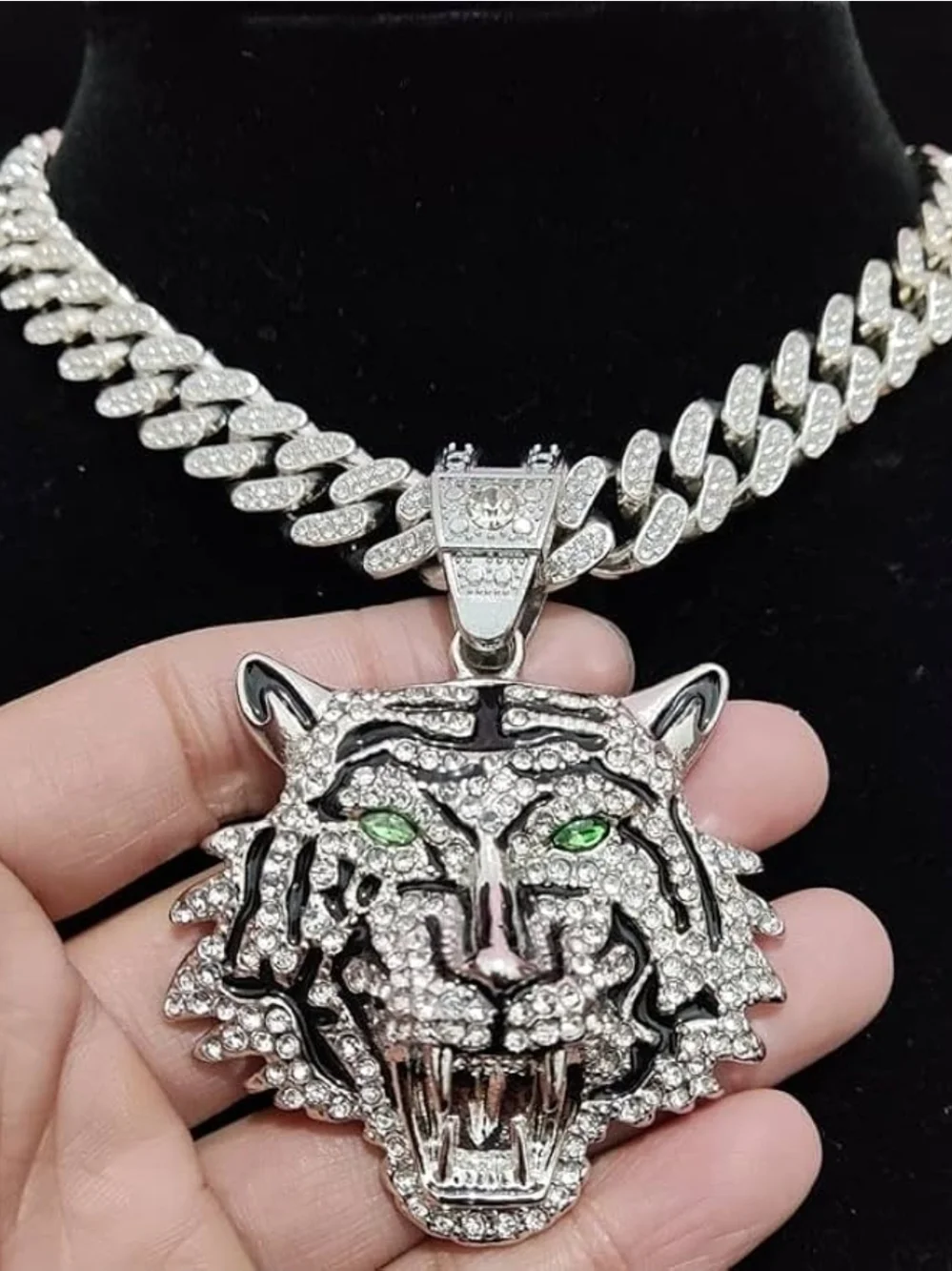 Silver Tiger Head Pendant Necklace with Green Eyes